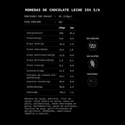 Monedas de Chocolate de Leche 35% Cacao, Sin Azúcar.