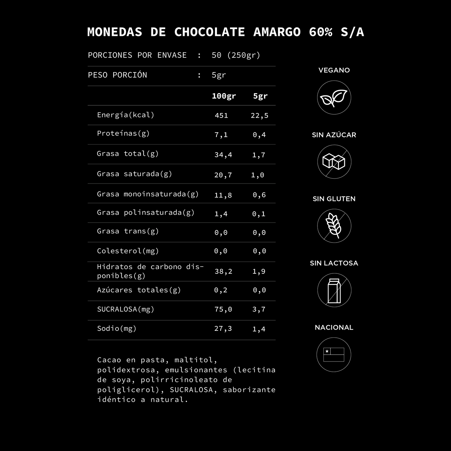 Monedas de Chocolate 60% Cacao, Sin Azúcar