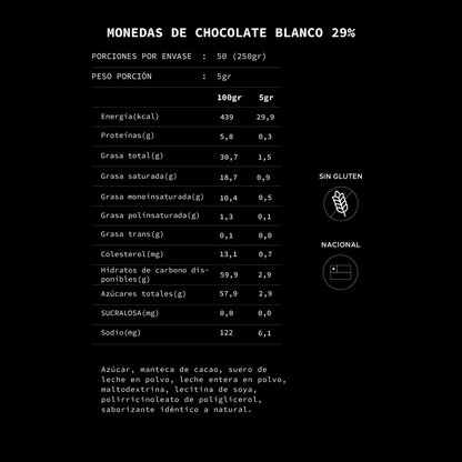 Monedas de Chocolate Blanco 29% Cacao.
