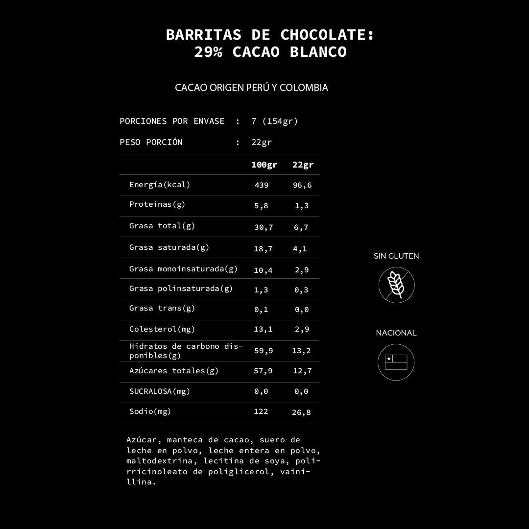 Caja de 7 barritas de chocolate blanco 29% cacao | 154 grs.