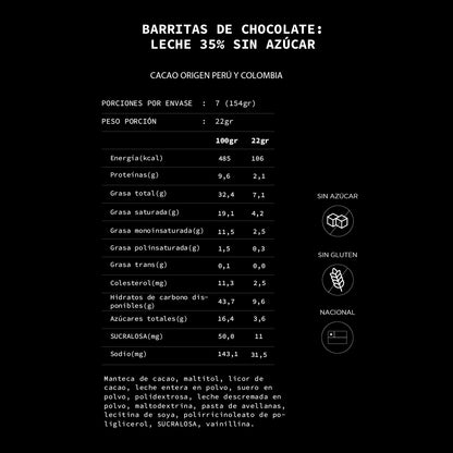 Caja de 7 barritas de chocolate de leche 35% cacao S/A | 154 grs.