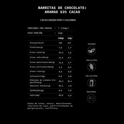 Caja de 7 barritas de chocolate semiamargo 63% cacao | 154 grs.