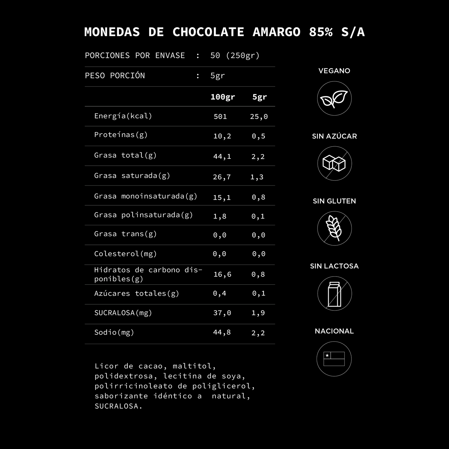 Monedas de Chocolate 85% Cacao, Sin Azúcar