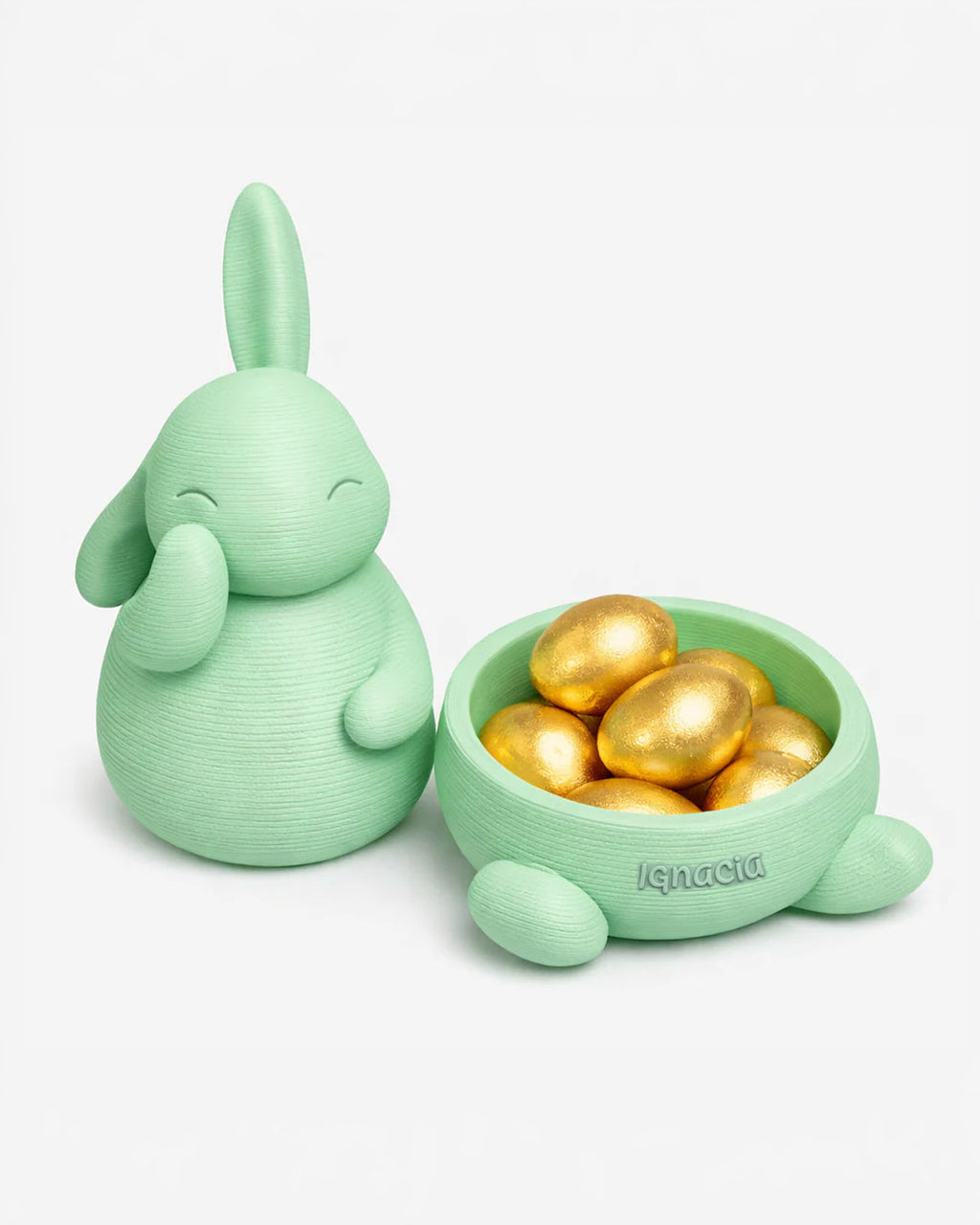Conejo de Pascua Verde Menta Personalizable con Huevitos de Chocolate
