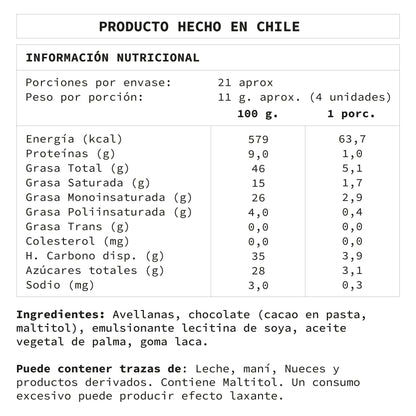 Avellanas Bañadas en Chocolate Semi Amargo 60% cacao SIN AZÚCAR
