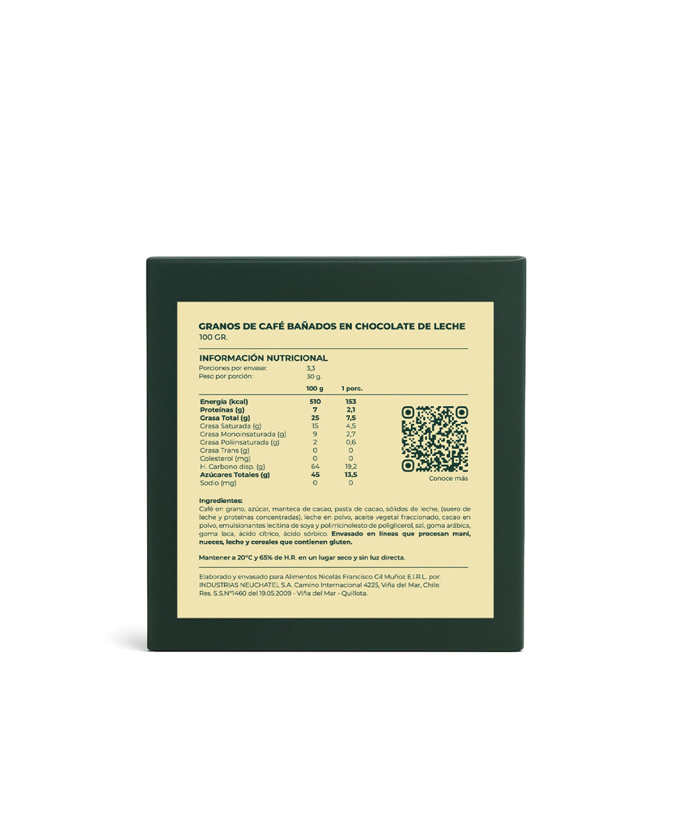Granos de Café Bañados en Chocolate de Leche 100 g.