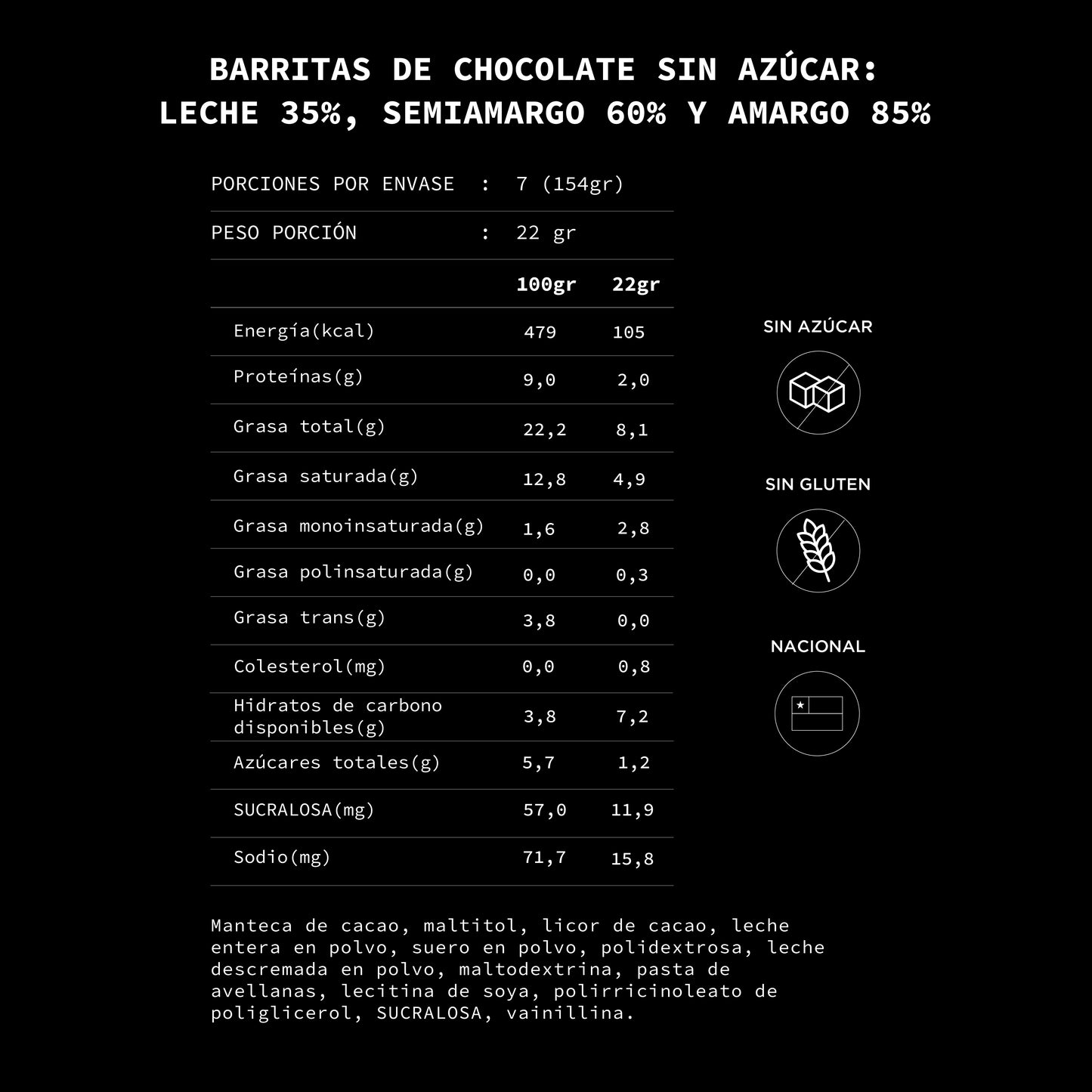 Caja de 7 Barritas de chocolates Mix sin azúcar - contiene leche | 154 grs.