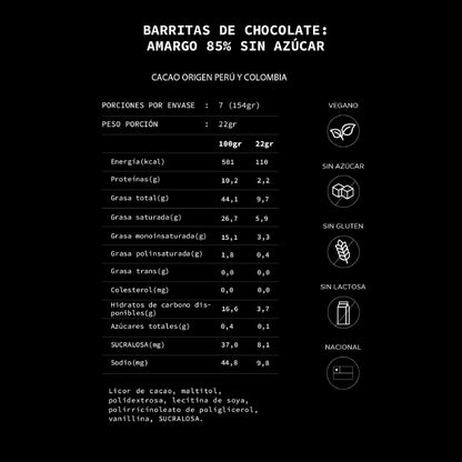 Caja 85 % Cacao Amargo. Sin Azúcar